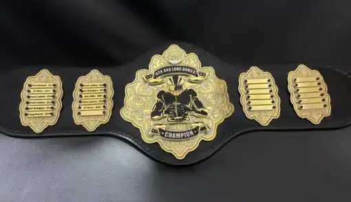 Custom fantasy football belt for leagues with genuine black leather strap and gold nameplates