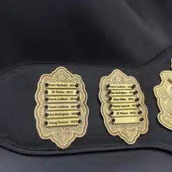 Fantasy football belt side plates showing engraved past champions on removable nameplates