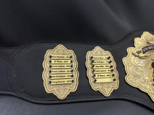 Fantasy football belt side plates showing engraved past champions on removable nameplates