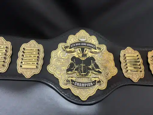 Personalized fantasy football championship belt with 5mm stacked plates and custom engraving options