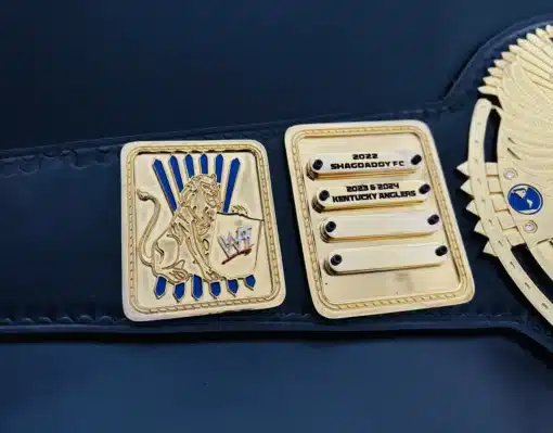 Personalized side plates on fantasy football championship belt with lion crest