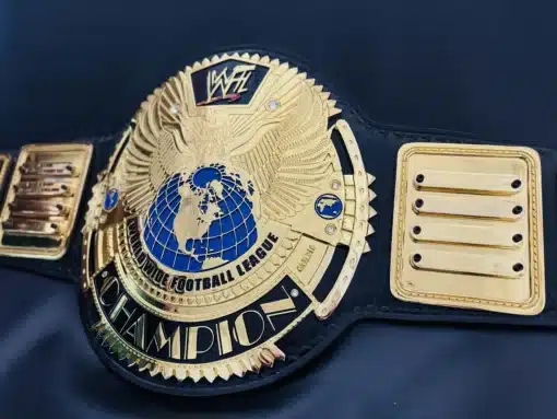 Fantasy football belt featuring gold-plated hardware and world map design