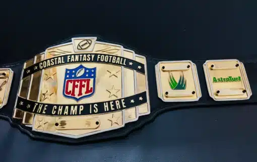 Fantasy football belt showing Nichols 2023 and Forrester 2024 winners