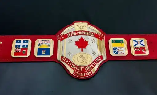 Canadian heavyweight wrestling title belt with gold and red finish