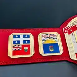 Custom NWA wrestling belt featuring Canadian provincial flag side plates