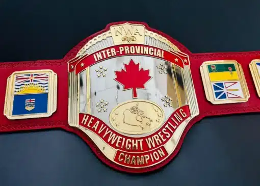 Canadian wrestling belt with inter-provincial design and gold engraving
