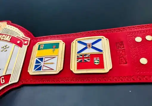 Custom wrestling belt side plates with Quebec, BC, Nova Scotia flags