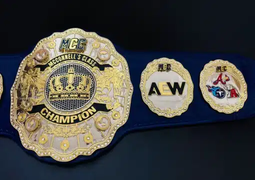 Belt side plates featuring AEW and fantasy logos for school reward belt