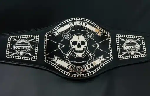 Custom award belt with Dutch Bros East Vancouver side plates and bold black leather strap
