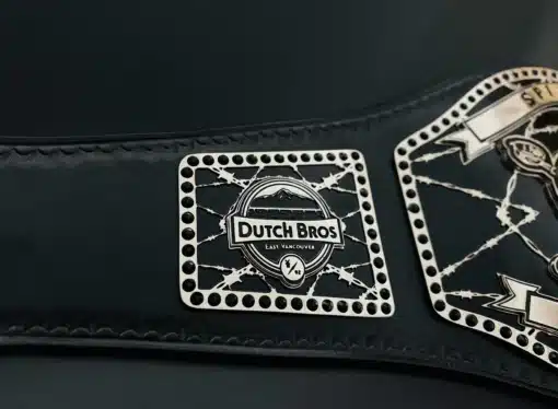 Dutch Bros barista award belt with skull centerpiece and customizable side plates