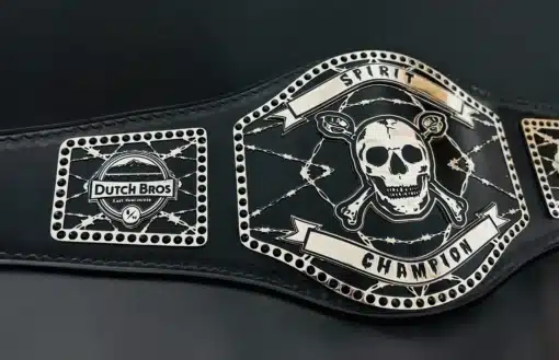 Spirit Champion belt featuring skull design, barbed wire pattern, and engraved details