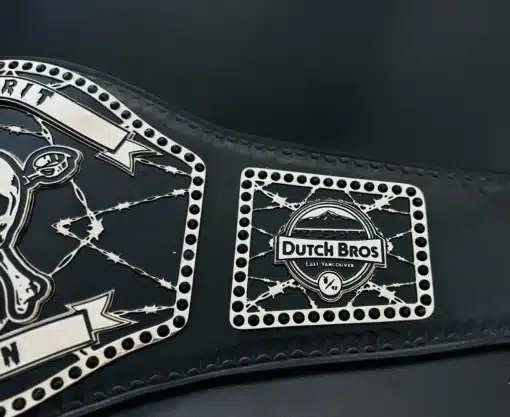 Employee motivation belt for Dutch Bros stores with HD engraved logos