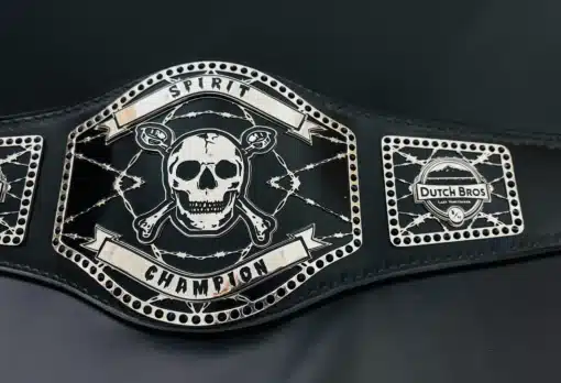 5mm thick barista award belt with shiny black and silver finish and custom branding