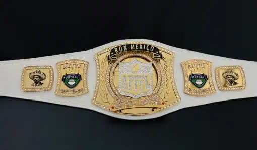 Fantasy football championship belt with engraved logos, Swarovski gems, and real leather strap