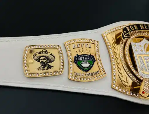 5mm thick engraved fantasy football belt with deep HD etching and gold plating