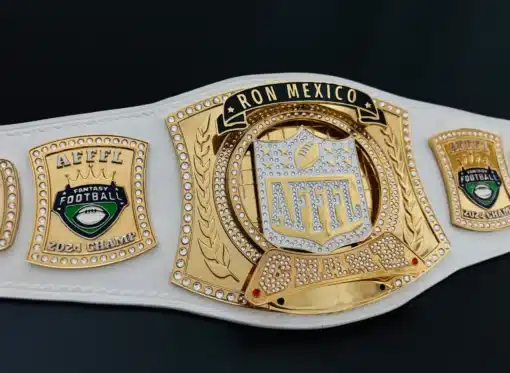 Fully customizable fantasy football trophy belt with spinner, side plates, and league name