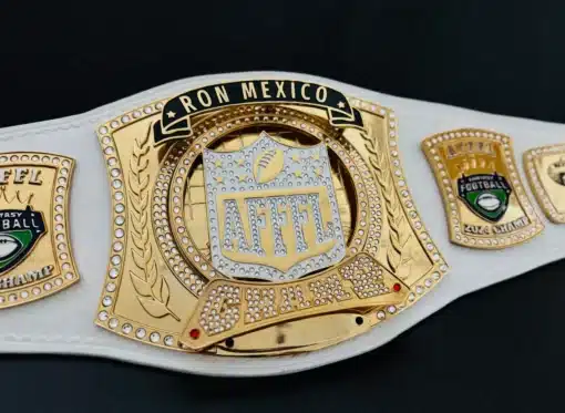 Fantasy football belt featuring gold-plated spinner plate and personalized top/bottom banners