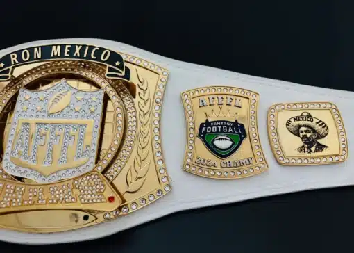 Custom fantasy football champion belt with league branding and real leather strap