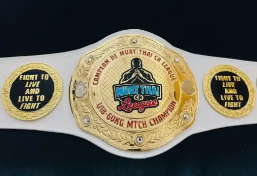 HD engraved Muay Thai belt featuring event logo and fighter name customization