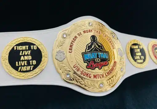 Premium quality Muay Thai championship belt featuring dual side plates for personalization