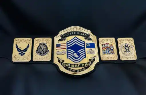 Custom Air Force championship belt with CMSGT rank, USA flag, Nevada flag, and Battle Born design