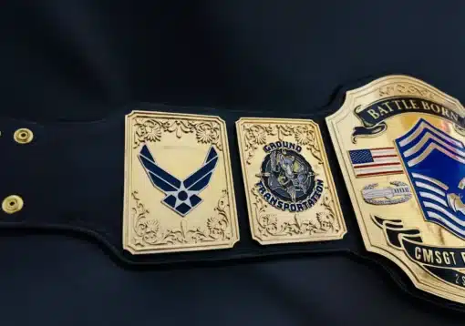 Custom veteran tribute gift belt with Ground Transportation badge and CMSGT insignia