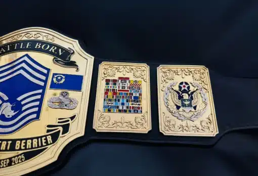Personalized military award belt featuring service ribbon bar and United States Air Force eagle plate