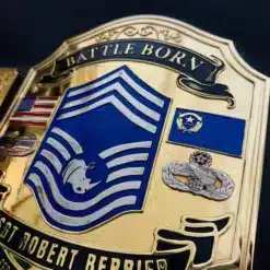 Display-ready custom championship belt designed for Air Force retirement or veteran gift