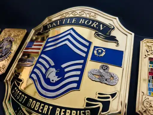 Display-ready custom championship belt designed for Air Force retirement or veteran gift