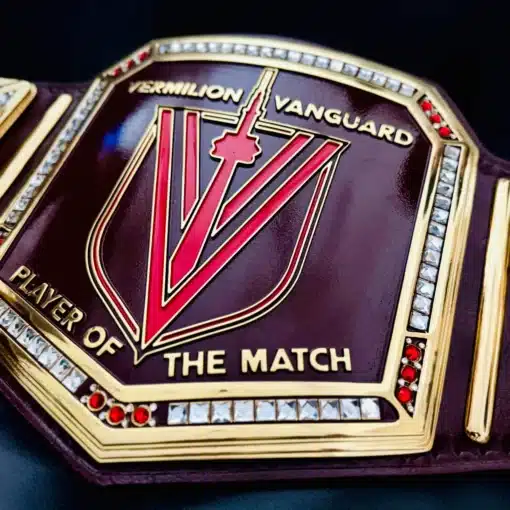 Close-up of custom-made belt for AFC Toronto fans, awarded during Northern Super League match – real metal, real leather.