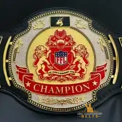 Red Crest fantasy football belt featuring 24k gold-plated plates and red leather strap – perfect for league champions