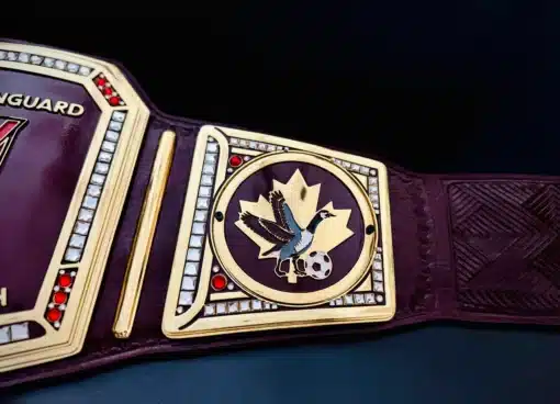 Unique supporter championship belt featuring V-symbol and Canadian flag for Toronto soccer event – luxury fan trophy.