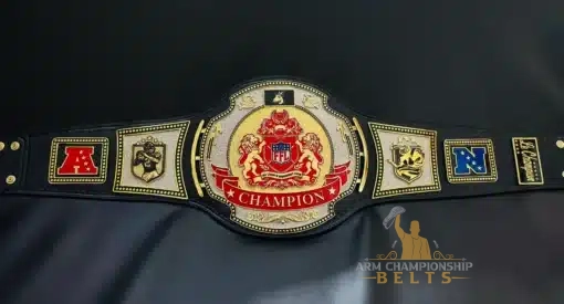High-end custom fantasy football belt with gold metal plates, engraved crest, and premium red leather strap