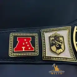 Red Crest custom champion belt with engraved logo, designed for fantasy football leagues and trophy displays