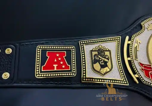 Red Crest custom champion belt with engraved logo, designed for fantasy football leagues and trophy displays