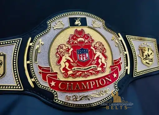 Fully customized fantasy football belt with red leather and fantasy crest – ideal for yearly league champions