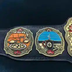 Side plate showing breakfast and orange couch – custom HD engraved belt