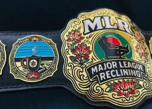 Steaming coffee side plate with blue background on championship belt