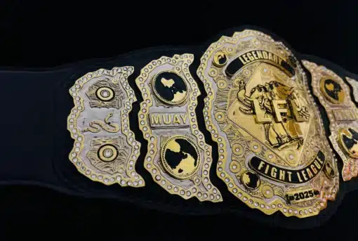 Side plate view of custom fight league belt design