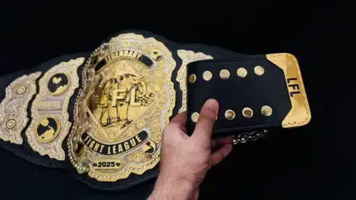 Leather belt buckle end with engraved LFP gold tip