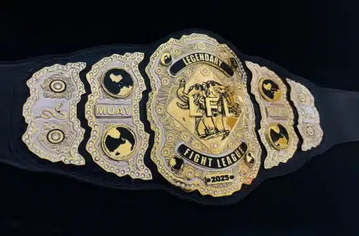 3D stacked plate design with intricate gold detailing OF fIGHTING bELT