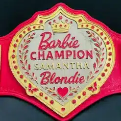 Custom pink heart-shaped championship belt with Barbie crown engraving for birthday gift