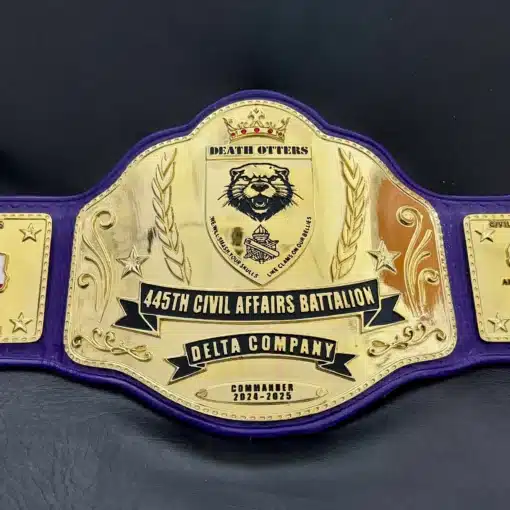 Custom Delta Company Military Championship Belt for 445th Civil Affairs Battalion with Death Otters logo and gold plating