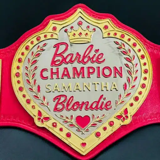 Custom pink heart-shaped championship belt with Barbie crown engraving for birthday gift