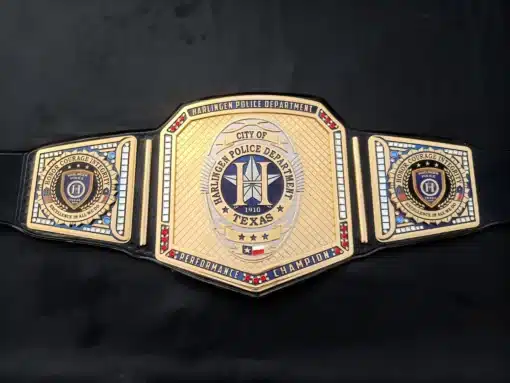 Gold-plated Harlingen Police Department championship belt with Texas and USA flag details, 6mm engraved center plate, and custom logo