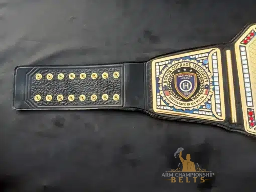 Black genuine leather strap with gold snaps and stitching on custom belt for police or fire department awards