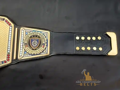 Championship belt template for EMTs, firefighters, or military units with customizable logos, text, and engraving