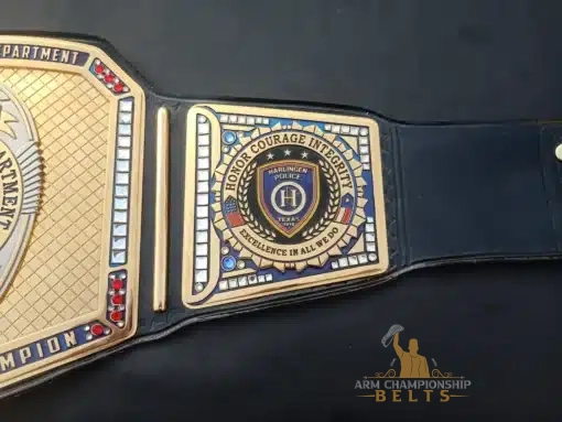 Showcasing custom-made police officer recognition belt with bold “Performance Champion” banner and gold trim