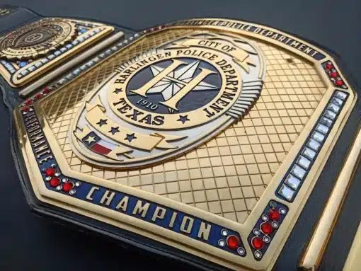 Police department belt with deep HD engraving, genuine leather strap, and fully customized side plates