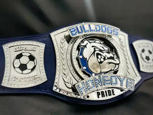 Custom sports award belt titled "Player of the Game" for school